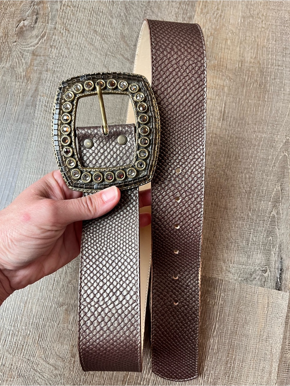 Cache brown leather jeweled women’s medium belt western chunky buckle boho